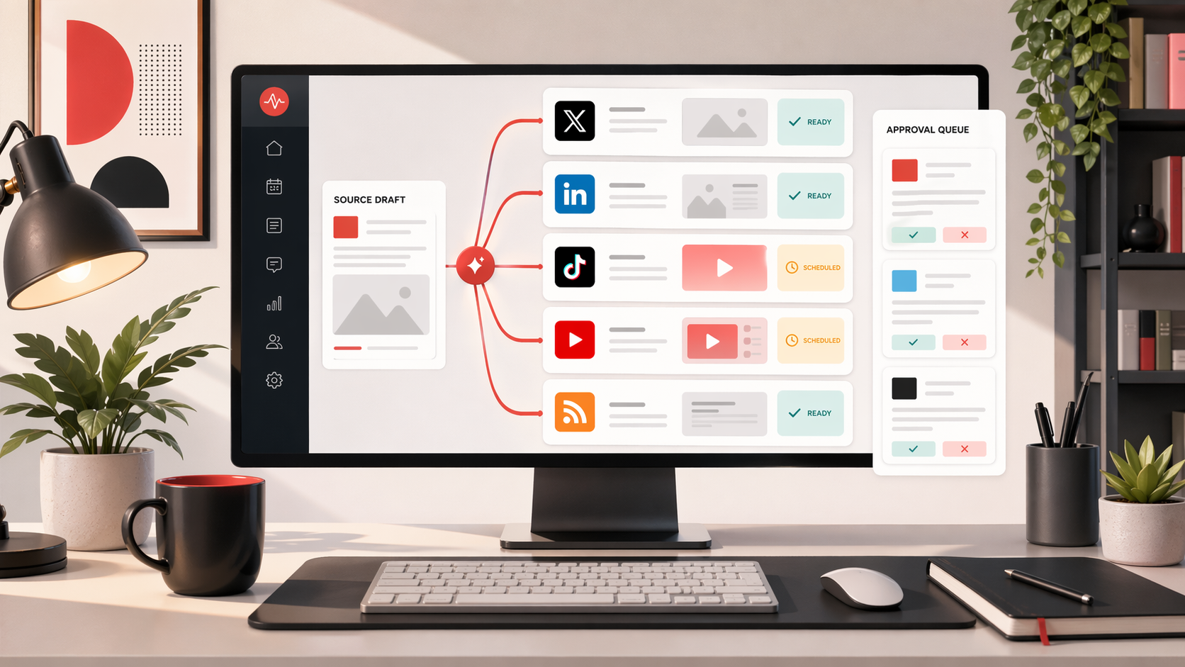 AI social publishing command center with content queues and platform lanes.